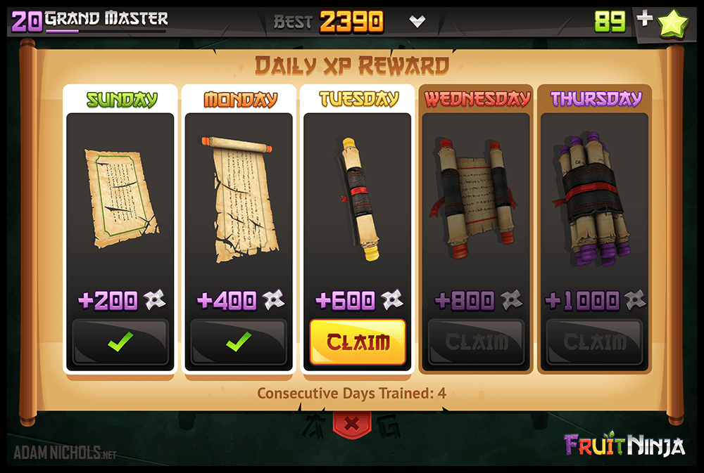 Fruit Ninja - UI Design: Daily XP Rewards (split-test)